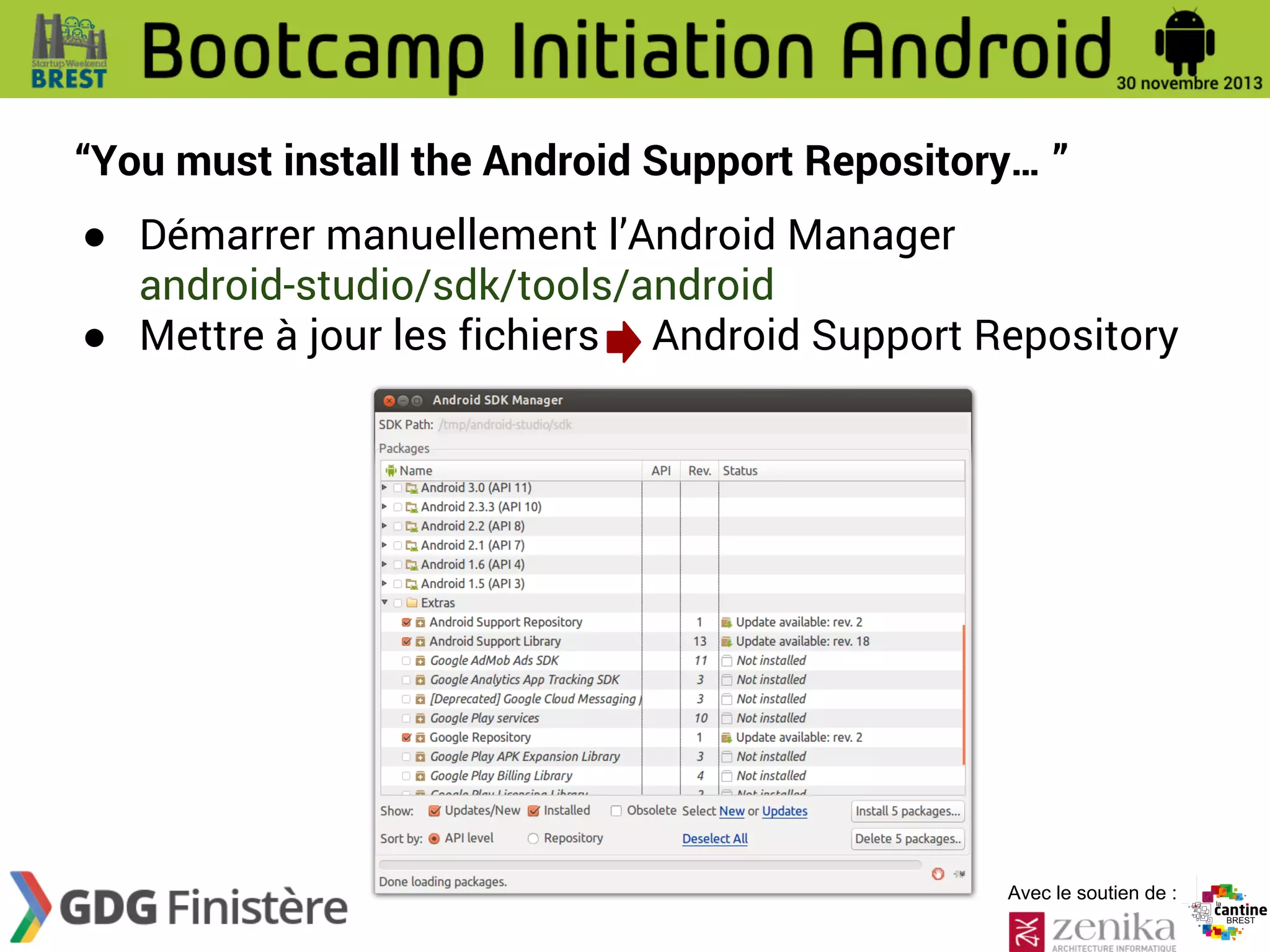 “You must install the Android Support Repository… ”
● Démarrer manuellement l’Android Manager
android-studio/sdk/tools/android
● Mettre à jour les fichiers Android Support Repository

Avec le soutien de :

 