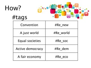 How?
 #tags
    Convention       #Re_new

    A just world     #Re_world

   Equal societies   #Re_soc

  Active democracy   #Re_dem

   A fair economy    #Re_eco
 