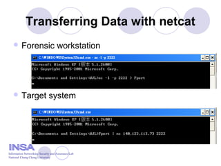 Transferring Data with netcat
 Forensic workstation
 Target system
Information Networking Security and Assurance Lab
National Chung Cheng University
 
