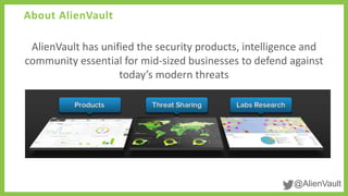@AlienVault
About AlienVault
AlienVault has unified the security products, intelligence and
community essential for mid-sized businesses to defend against
today’s modern threats
 