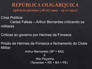 Arthur Bernardes (SP + MG)
X
Nilo Peçanha
(Tenentes + RS + BA + PE)
Crise Política:
Cartas Falsas – Arthur Bernardes criticando os
militares
Críticas ao governo por Hermes da Fonseca
Prisão de Hermes da Fonseca e fechamento do Clube
Militar
 