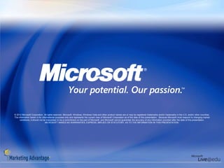 © 2012 Microsoft Corporation. All rights reserved. Microsoft, Windows, Windows Vista and other product names are or may be registered trademarks and/or trademarks in the U.S. and/or other countries.
The information herein is for informational purposes only and represents the current view of Microsoft Corporation as of the date of this presentation. Because Microsoft must respond to changing market
     conditions, it should not be interpreted to be a commitment on the part of Microsoft, and Microsoft cannot guarantee the accuracy of any information provided after the date of this presentation.
                                 MICROSOFT MAKES NO WARRANTIES, EXPRESS, IMPLIED OR STATUTORY, AS TO THE INFORMATION IN THIS PRESENTATION.
 