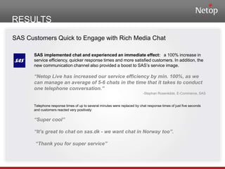 RESULTSSAS Customers Quick to Engage with Rich Media ChatSAS implemented chat and experienced an immediate effect:  a 100% increase in service efficiency, quicker response times and more satisfied customers. In addition, the new communication channel also provided a boost to SAS’s service image.“Netop Live has increased our service efficiency by min. 100%, as we can manage an average of 5-6 chats in the time that it takes to conduct one telephone conversation.”Stephan Rosenkilde, E-Commerce, SASTelephone response times of up to several minutes were replaced by chat response times of just five seconds and customers reacted very positively:“Super cool”“It’s great to chat on sas.dk - we want chat in Norway too”. “Thank you for super service”