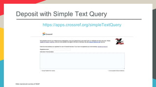 Deposit with Simple Text Query
https://apps.crossref.org/simpleTextQuery
Slides reproduced courtesy of INASP
 