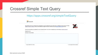 Crossref Simple Text Query
https://apps.crossref.org/simpleTextQuery
Slides reproduced courtesy of INASP
 