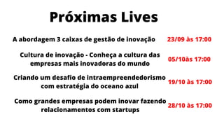 Próximas Lives
A abordagem 3 caixas de gestão de inovação 23/09 às 17:00
Cultura de inovação - Conheça a cultura das
empresas mais inovadoras do mundo
05/10às 17:00
Criando um desafio de intraempreendedorismo
com estratégia do oceano azul
19/10 às 17:00
Como grandes empresas podem inovar fazendo
relacionamentos com startups
28/10 às 17:00
 