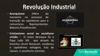  Anarquismo- Difere do
marxismo no processo de
transição do capitalismo para o
comunismo. Representantes:
Bakunin,Proudhon,etc.
 Cristianismo social ou socialismo
cristão – O maior destaque foi o
Papa Leão XIII que através da
Enciclíca rerum Novarum, condenou
o capitalismo selvagem, luta de
classes, o socialismo marxista.
www.slideplayer.com.br
Revolução Industrial
 