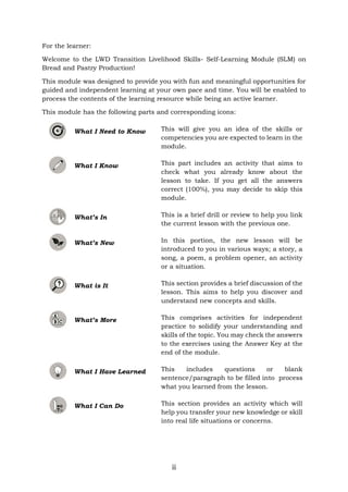 iii
For the learner:
Welcome to the LWD Transition Livelihood Skills- Self-Learning Module (SLM) on
Bread and Pastry Production!
This module was designed to provide you with fun and meaningful opportunities for
guided and independent learning at your own pace and time. You will be enabled to
process the contents of the learning resource while being an active learner.
This module has the following parts and corresponding icons:
What I Need to Know This will give you an idea of the skills or
competencies you are expected to learn in the
module.
What I Know This part includes an activity that aims to
check what you already know about the
lesson to take. If you get all the answers
correct (100%), you may decide to skip this
module.
What’s In This is a brief drill or review to help you link
the current lesson with the previous one.
What’s New In this portion, the new lesson will be
introduced to you in various ways; a story, a
song, a poem, a problem opener, an activity
or a situation.
What is It This section provides a brief discussion of the
lesson. This aims to help you discover and
understand new concepts and skills.
What’s More This comprises activities for independent
practice to solidify your understanding and
skills of the topic. You may check the answers
to the exercises using the Answer Key at the
end of the module.
What I Have Learned This includes questions or blank
sentence/paragraph to be filled into process
what you learned from the lesson.
What I Can Do This section provides an activity which will
help you transfer your new knowledge or skill
into real life situations or concerns.
 