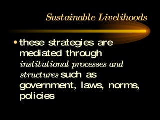 Sustainable Livelihoods these strategies are mediated through  institutional processes and structures  such as government, laws, norms, policies 