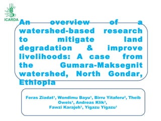An
overview
of
a
watershed-based research
to
mitigate
land
degradation
&
improve
livelihoods: A case
from
the
Gumara-Maksegnit
watershed, North Gondar,
Ethiopia
Feras Ziadat1, Wondimu Bayu1, Birru Yitaferu2, Theib
Oweis1, Andreas Klik3,
Fawzi Karajeh1, Yigazu Yigazu1

 