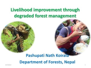 Livelihood improvement through
degraded forest management
6/7/2013 1
Pashupati Nath Koirala
Department of Forests, Nepal
 