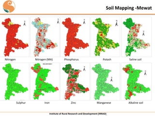 Soil Mapping -Mewat

Nitrogen

Nitrogen (MA)

Sulphur

Iron

Phosphorus

Zinc

Potash

Manganese

Institute of Rural Research and Development (IRRAD)

Saline soil

Alkaline soil

 