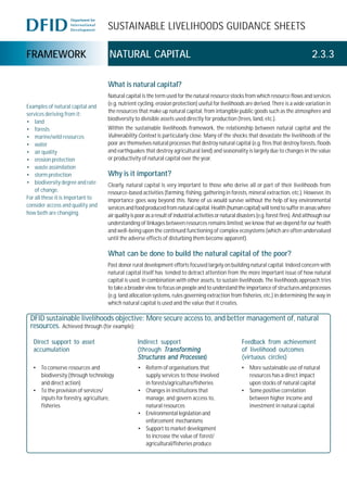 SUSTAINABLE LIVELIHOODS GUIDANCE SHEETS
FRAMEWORK NATURAL CAPITAL 2.3.3
What is natural capital?
Natural capital is the term used for the natural resource stocks from which resource flows and services
(e.g. nutrient cycling, erosion protection) useful for livelihoods are derived. There is a wide variation in
the resources that make up natural capital, from intangible public goods such as the atmosphere and
biodiversity to divisible assets used directly for production (trees, land, etc.).
Within the sustainable livelihoods framework, the relationship between natural capital and the
Vulnerability Context is particularly close. Many of the shocks that devastate the livelihoods of the
poor are themselves natural processes that destroy natural capital (e.g. fires that destroy forests, floods
and earthquakes that destroy agricultural land) and seasonality is largely due to changes in the value
or productivity of natural capital over the year.
Why is it important?
Clearly, natural capital is very important to those who derive all or part of their livelihoods from
resource-based activities (farming, fishing, gathering in forests, mineral extraction, etc.). However, its
importance goes way beyond this. None of us would survive without the help of key environmental
services and food produced from natural capital. Health (human capital) will tend to suffer in areas where
airqualityispooras a result of industrialactivities or naturaldisasters (e.g.forest fires). And although our
understanding of linkages between resources remains limited, we know that we depend for our health
and well-being upon the continued functioning of complex ecosystems (which are often undervalued
until the adverse effects of disturbing them become apparent).
What can be done to build the natural capital of the poor?
Past donor rural development efforts focused largely on building natural capital. Indeed concern with
natural capital itself has tended to detract attention from the more important issue of how natural
capital is used, in combination with other assets, to sustain livelihoods. The livelihoods approach tries
to take a broader view, to focus on people and to understand the importance of structures and processes
(e.g. land allocation systems, rules governing extraction from fisheries, etc.) in determining the way in
which natural capital is used and the value that it creates.
Examples of natural capital and
services deriving from it:
• land
• forests
• marine/wild resources
• water
• air quality
• erosion protection
• waste assimilation
• storm protection
• biodiversity degree and rate
of change.
For all these it is important to
consider access and quality and
how both are changing.
• Reform of organisations that
supply services to those involved
in forests/agriculture/fisheries
• Changes in institutions that
manage, and govern access to,
natural resources
• Environmental legislation and
enforcement mechanisms
• Support to market development
to increase the value of forest/
agricultural/fisheries produce
• To conserve resources and
biodiversity (through technology
and direct action)
• To the provision of services/
inputs for forestry, agriculture,
fisheries
• More sustainable use of natural
resources has a direct impact
upon stocks of natural capital
• Some positive correlation
between higher income and
investment in natural capital
DFID sustainable livelihoods objective: More secure access to, and better management of, natural
resources. Achieved through (for example):
Direct support to asset
accumulation
Indirect support
(through TransformingTransformingTransformingTransformingTransforming
Structures and ProcessesStructures and ProcessesStructures and ProcessesStructures and ProcessesStructures and Processes)
Feedback from achievement
of livelihood outcomes
(virtuous circles)
 