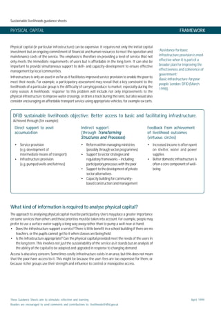 Sustainable livelihoods guidance sheets
These Guidance Sheets aim to stimulate reflection and learning.
Readers are encouraged to send comments and contributions to: livelihoods@dfid.gov.uk
April 1999
PHYSICAL CAPITAL FRAMEWORK
‘Assistance for basic
infrastructure provision is most
effective when it is part of a
broader plan for improving the
effectiveness and coherence of
government.’
Basic infrastructure for poor
people. London: DFID (March
1998).
What kind of information is required to analyse physical capital?
The approach to analysing physical capital must be participatory. Users may place a greater importance
on some services than others and these priorities must be taken into account. For example, people may
prefer to use a surface water supply a long way away rather than to pump a well near at hand.
• Does the infrastructure support a service? There is little benefit in a school building if there are no
teachers, or the pupils cannot get to it when classes are being held.
• Is the infrastructure appropriate? Can the physical capital provided meet the needs of the users in
the long term. This involves not just the sustainability of the service as it stands but an analysis of
the ability of the capital to be adapted and upgraded in response to changing demand.
Access is also a key concern. Sometimes costly infrastructure exists in an area, but this does not mean
that the poor have access to it. This might be because the user-fees are too expensive for them, or
because richer groups use their strength and influence to control or monopolise access.
Physical capital (in particular infrastructure) can be expensive. It requires not only the initial capital
investment but an ongoing commitment of financial and human resources to meet the operation and
maintenance costs of the service. The emphasis is therefore on providing a level of service that not
only meets the immediate requirements of users but is affordable in the long term. It can also be
important to provide simultaneous support to skill- and capacity-development to ensure effective
management by local communities.
Infrastructure is only an asset in as far as it facilitates improved service provision to enable the poor to
meet their needs. For example, a participatory assessment may reveal that a key constraint to the
livelihoods of a particular group is the difficulty of carrying produce to market, especially during the
rainy season. A livelihoods `response’ to this problem will include not only improvements to the
physical infrastructure to improve water crossings, or drain a track during the rains, but also would also
consider encouraging an affordable transport service using appropriate vehicles, for example ox carts.
• Service provision
(e.g. development of
intermediate means of transport)
• Infrastructure provision
(e.g. pumped wells and latrines)
DFID sustainable livelihoods objective: Better access to basic and facilitating infrastructure.
Achieved through (for example):
Direct support to asset
accumulation
Indirect support
(through TransformingTransformingTransformingTransformingTransforming
Structures and ProcessesStructures and ProcessesStructures and ProcessesStructures and ProcessesStructures and Processes)
Feedback from achievement
of livelihood outcomes
(virtuous circles)
• Reform within managing ministries
(possibly through sector programmes)
• Supporttosectorstrategiesand
regulatory frameworks – including
participatory processes with the poor
• Support tothe development of private
sectoralternatives
• Capacity building for community-
based construction and management
• Increased income is often spent
on shelter, water and power
supplies
• Better domestic infrastructure is
often a core component of well-
being
 