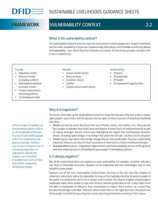 SUSTAINABLE LIVELIHOODS GUIDANCE SHEETS
FRAMEWORK VULNERABILITY CONTEXT 2.2
What is the vulnerability context?
The VulnerabilityContext frames the external environment in which people exist. People’s livelihoods
and the wider availability of assets are fundamentally affected by critical trends as well as by shocks
and seasonality – over which they have limited or no control. The box below provides examples (this
is not a complete list):
Why is it important?
The factors that make up the VulnerabilityContext are important because they have a direct impact
upon people’s asset status and the options that are open to them in pursuit of beneficial livelihood
outcomes.
• Shocks can destroy assets directly (in the case of floods, storms, civil conflict, etc.). They can also
force people to abandon their home areas and dispose of assets (such as land) prematurely as part
of coping strategies. Recent events have highlighted the impact that international economic
shocks, including rapid changes in exchange rates and terms of trade, can have on the very poor.
• Trends may (or may not) be more benign, though they are more predictable. They have a particularly
important influence on rates of return (economic or otherwise) to chosen livelihood strategies.
• Seasonal shifts in prices, employment opportunities and food availability are one of the greatest
and most enduring sources of hardship for poor people in developing countries.
Is it always negative?
Not all the trends listed above are negative or cause vulnerability. For example, economic indicators
can move in favourable directions, diseases can be eradicated and new technologies may be very
valuable to poor people.
However, use of the term Vulnerability Context draws attention to the fact that this complex of
influences is directly or indirectly responsible for many of the hardships faced by the poorest people in
the world. It is common for there to be a vicious circle in action. The inherent fragility of poor people’s
livelihoods makes them unable to cope with stresses, whether predictable or not. It also makes them
less able to manipulate or influence their environment to reduce those stresses; as a result they
become increasingly vulnerable. And even when trends move in the right direction, the poorest are
often unable to benefit because they lack assets and strong institutions working in their favour.
Trends
• Population trends
• Resource trends
(including conflict)
• National/international
economic trends
• Trends in governance
(including politics)
• Technological trends
Shocks
• Human health shocks
• Natural shocks
• Economic shocks
• Conflict
• Crop/livestock health shocks
Seasonality
• Of prices
• Of production
• Of health
• Of employment opportunities
Different types of conflict can
have profound adverse effects
on the livelihoods of the poor.
In areas of civil conflict people
suffer from lawlessness and
physical damage. Conflicts
over access to resources are of
increasing importance as
populations expand and
resource use intensifies.
If unaddressed, such conflicts
may further marginalise
already poor groups.
 