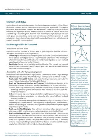 Sustainable livelihoods guidance sheets
These Guidance Sheets aim to stimulate reflection and learning.
Readers are encouraged to send comments and contributions to: livelihoods@dfid.gov.uk
April 1999
LIVELIHOOD ASSETS FRAMEWORK
Change in asset status
Asset endowments are constantly changing, therefore pentagons are constantly shifting. A three
dimensional framework, with the third dimension representing time, would enable this change to
be visualised. A two dimensional framework does not. However, it is imperative to incorporate a time
dimension into any analysis of assets. Information should be gathered on trends in overall asset
availability (e.g. if societies fragment, the overall ‘stock’ of social capital might decline) as well as on
which groups are accumulating assets, which are losing and why. Where processes of ‘social
exclusion’ are at work, those who are already poorly endowed with assets may well be becoming
gradually, but notably, more marginalised.
Relationships within the framework
Relationships between assets
Assets combine in a multitude of different ways to generate positive livelihood outcomes.
Two types of relationship are particularly important:
• SequencingSequencingSequencingSequencingSequencing: Do those who escape from poverty tend to start with a particular combination of
assets? Is access to one type of asset (or a recognisable sub-set of assets) either necessary or
sufficient for escape from poverty? If so, this may provide important guidance on where livelihood
support should be focused, at least at the outset.
• SubstitutionSubstitutionSubstitutionSubstitutionSubstitution: Can one type of capital be substituted for others? For example, can increased
human capital compensate for a lack of financial capital in any given circumstance? If so, this
may extend the options for support.
Relationships with other framework components
Relationships within the framework are highly complex. Understanding them is a major challenge
of, and a core step in, the process of livelihoods analysis leading to action to eliminate poverty.
• Assets and the Vulnerability ContextAssets and the Vulnerability ContextAssets and the Vulnerability ContextAssets and the Vulnerability ContextAssets and the Vulnerability Context: assets are both destroyed and created as a result of the
trends, shocks and seasonality of the Vulnerability Context.
• Assets and Transforming Structures and ProcessesAssets and Transforming Structures and ProcessesAssets and Transforming Structures and ProcessesAssets and Transforming Structures and ProcessesAssets and Transforming Structures and Processes: The institutions and policies of the
Transforming Structures and Processes have a profound influence on access to assets. They:
(a) Create assets – e.g. government policy to invest in basic infrastructure (physical capital) or
technology generation (yielding human capital) or the existence of local institutions that
reinforce social capital.
(b) Determine access – e.g. ownership rights, institutions regulating access to common resources.
(c) Influence rates of asset accumulation – e.g. policies that affect returns to different livelihood
strategies, taxation, etc.
However, this is not a simple one way relationship. Individuals and groups themselves influence
TransformingStructuresandProcesses. Generally speaking the greater people’s asset endowment,
the more influence they can exert. Hence one way to achieve empowerment may be to support
people to build up their assets.
• Assets and Livelihood StrategiesAssets and Livelihood StrategiesAssets and Livelihood StrategiesAssets and Livelihood StrategiesAssets and Livelihood Strategies: Those with more assets tend to have a greater range of
options and an ability to switch between multiple strategies to secure their livelihoods.
• Assets and Livelihood OutcomesAssets and Livelihood OutcomesAssets and Livelihood OutcomesAssets and Livelihood OutcomesAssets and Livelihood Outcomes: Poverty analyses have shown that people’s ability to escape
from poverty is critically dependent upon their access to assets. Different assets are required to
achieve different livelihood outcomes. For example, some people may consider a minimum
level of social capital to be essential if they are to achieve a sense of well-being. Or in a remote
rural area, people may feel they require a certain level of access to natural capital to provide
security. Such relationships will need to be investigated case by case.
Different shaped pentagons
– changes in access to assets
HHHHH
NNNNN
SSSSS
PPPPP
FFFFF
HHHHH
FFFFF
SSSSS NNNNN
PPPPP
The upper pentagon shows
reasonable, but declining,
access to physical capital and
limited access to natural
capital.Socialcapitalisalso
falling. Perhaps the people
whose livelihood assets are
represented live in an urban
area but do not have the skills
or finance to invest in
infrastructure maintenance.
The decline of social capital
also constrains their ability to
form shared work groups. The
lower pentagon shows the
situationafter supportthat
has extended access to
financial capital (perhaps
throughgroup-basedmicro-
finance schemes that also help
build social capital) as well as
providing skills and training
(human capital). Together
these enable the people to
maintain and extend their
physical capital. Access to
natural capital remains
unchanged.
 