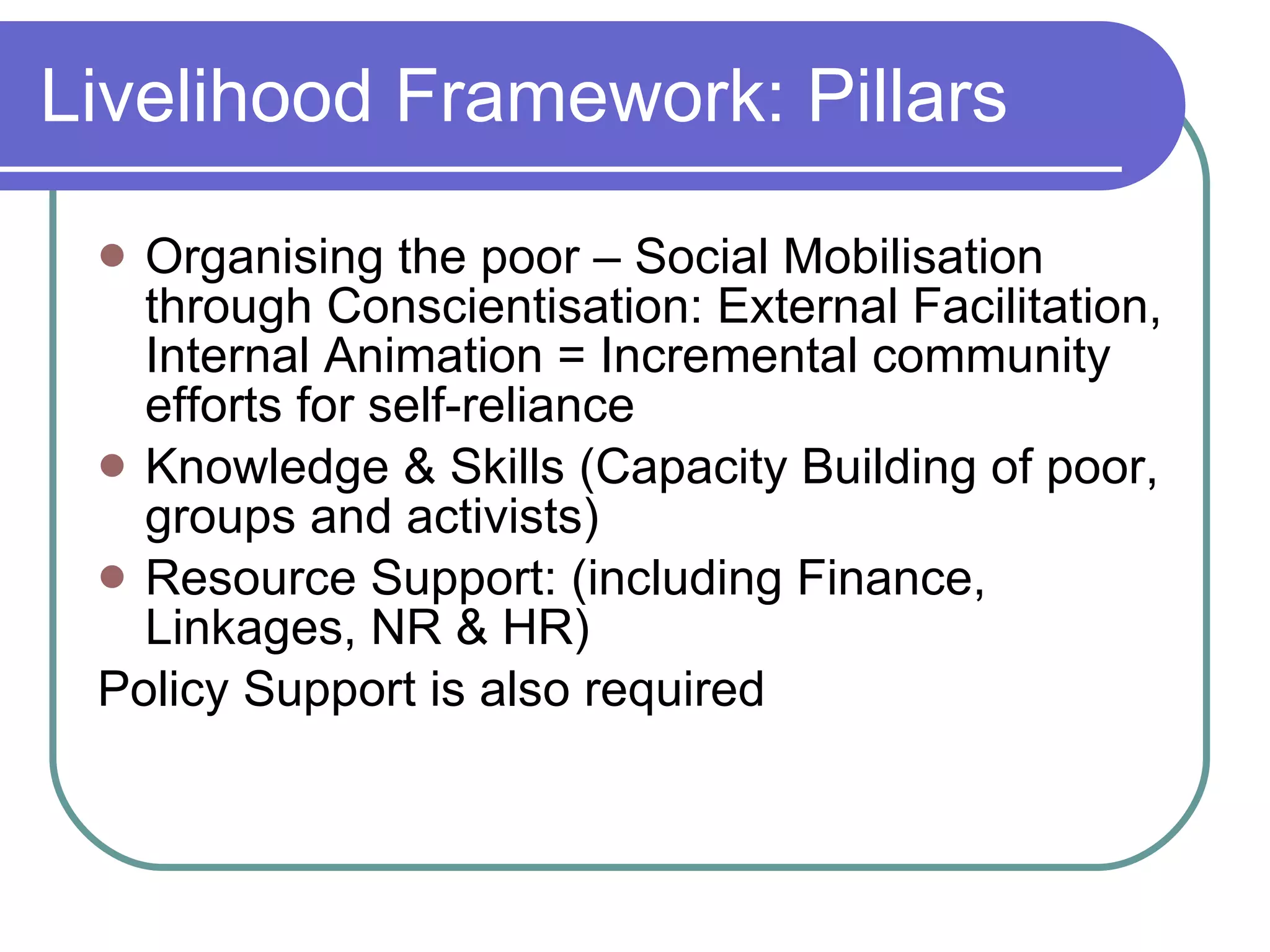 Livelihood Framework: Pillars Organising the poor – Social Mobilisation through Conscientisation: External Facilitation, Internal Animation = Incremental community efforts for self-reliance Knowledge & Skills (Capacity Building of poor, groups and activists) Resource Support: (including Finance, Linkages, NR & HR) Policy Support is also required 