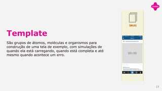 Template
São grupos de átomos, moléculas e organismos para
construção de uma tela de exemplo, com simulações de
quando ela está carregando, quando está completa e até
mesmo quando acontece um erro.
13
 