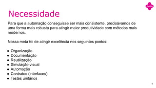 Necessidade
Para que a automação conseguisse ser mais consistente, precisávamos de
uma forma mais robusta para atingir maior produtividade com métodos mais
modernos.
Nossa meta foi de atingir excelência nos seguintes pontos:
● Organização
● Documentação
● Reutilização
● Simulação visual
● Automação
● Contratos (interfaces)
● Testes unitários
4
 
