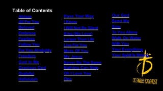 Table of Contents
Ablaze
All For You
Beloved
Embrace
Fearless
Follow You
For You Almighty
Freedom
God In Me
Gracious God
Grateful
Hallelujah
Have Your Way
I Know
I Will Not Be Silent
King (His Love)
Larger Than Life
Live For You
More Of You
My Jesus
Never Be The Same
Nothing Can Stop
Oh I Love You
One
Our God
Send Me
Sing
To You Alone
Walk On Water
With You
Your Everything
Your Spirit Is Strong
 