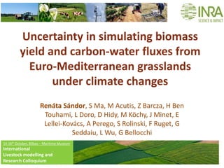 Uncertainty in simulating biomass yield and carbon-water fluxes from Euro-Mediterranean grasslands under climate changes 
Renáta Sándor, S Ma, M Acutis, Z Barcza, H Ben Touhami, L Doro, D Hidy, M Köchy, J Minet, E Lellei-Kovács, A Perego, S Rolinski, F Ruget, G Seddaiu, L Wu, G Bellocchi 
14-16th October, Bilbao – Maritime Museum 
International 
Livestock modelling and 
Research Colloquium  