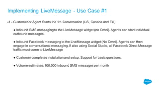 Implementing LiveMessage - Use Case #1
#1 - Customer or Agent Starts the 1:1 Conversation (US, Canada and EU)
● Inbound SMS messaging to the LiveMessage widget (no Omni). Agents can start individual
outbound messages.
● Inbound Facebook messaging to the LiveMessage widget (No Omni). Agents can then
engage in conversational messaging. If also using Social Studio, all Facebook Direct Message
traffic must come to LiveMessage
● Customer completes installation and setup. Support for basic questions.
● Volume estimates:100,000 inbound SMS messagesper month
 