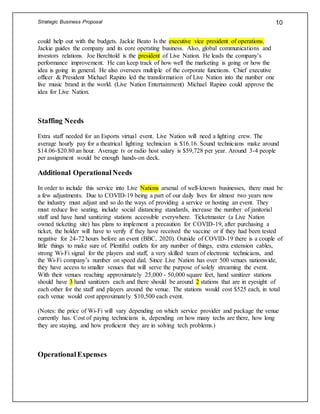 Strategic Business Proposal 10
could help out with the budgets. Jackie Beato Is the executive vice president of operations.
Jackie guides the company and its core operating business. Also, global communications and
investors relations. Joe Berchtold is the president of Live Nation. He leads the company’s
performance improvement. He can keep track of how well the marketing is going or how the
idea is going in general. He also oversees multiple of the corporate functions. Chief executive
officer & President Michael Rapino led the transformation of Live Nation into the number one
live music brand in the world. (Live Nation Entertainment) Michael Rapino could approve the
idea for Live Nation.
Staffing Needs
Extra staff needed for an Esports virtual event. Live Nation will need a lighting crew. The
average hourly pay for a theatrical lighting technician is $16.16. Sound technicians make around
$14.06-$20.80 an hour. Average tv or radio host salary is $59,728 per year. Around 3-4 people
per assignment would be enough hands-on deck.
Additional OperationalNeeds
In order to include this service into Live Nations arsenal of well-known businesses, there must be
a few adjustments. Due to COVID-19 being a part of our daily lives for almost two years now
the industry must adjust and so do the ways of providing a service or hosting an event. They
must reduce live seating, include social distancing standards, increase the number of janitorial
staff and have hand sanitizing stations accessible everywhere. Ticketmaster (a Live Nation
owned ticketing site) has plans to implement a precaution for COVID-19, after purchasing a
ticket, the holder will have to verify if they have received the vaccine or if they had been tested
negative for 24-72 hours before an event (BBC, 2020). Outside of COVID-19 there is a couple of
little things to make sure of. Plentiful outlets for any number of things, extra extension cables,
strong Wi-Fi signal for the players and staff, a very skilled team of electronic technicians, and
the Wi-Fi company’s number on speed dial. Since Live Nation has over 500 venues nationwide,
they have access to smaller venues that will serve the purpose of solely streaming the event.
With their venues reaching approximately 25,000 - 50,000 square feet, hand sanitizer stations
should have 3 hand sanitizers each and there should be around 2 stations that are in eyesight of
each other for the staff and players around the venue. The stations would cost $525 each, in total
each venue would cost approximately $10,500 each event.
(Notes: the price of Wi-Fi will vary depending on which service provider and package the venue
currently has. Cost of paying technicians is, depending on how many techs are there, how long
they are staying, and how proficient they are in solving tech problems.)
OperationalExpenses
 