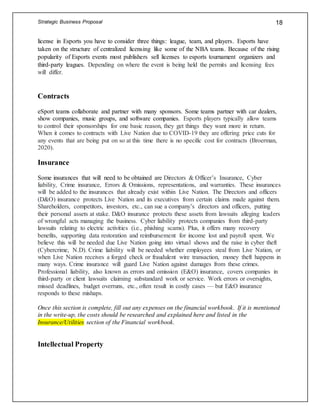 Strategic Business Proposal 18
license in Esports you have to consider three things: league, team, and players. Esports have
taken on the structure of centralized licensing like some of the NBA teams. Because of the rising
popularity of Esports events most publishers sell licenses to esports tournament organizers and
third-party leagues. Depending on where the event is being held the permits and licensing fees
will differ.
Contracts
eSport teams collaborate and partner with many sponsors. Some teams partner with car dealers,
show companies, music groups, and software companies. Esports players typically allow teams
to control their sponsorships for one basic reason, they get things they want more in return.
When it comes to contracts with Live Nation due to COVID-19 they are offering price cuts for
any events that are being put on so at this time there is no specific cost for contracts (Broerman,
2020).
Insurance
Some insurances that will need to be obtained are Directors & Officer’s Insurance, Cyber
liability, Crime insurance, Errors & Omissions, representations, and warranties. These insurances
will be added to the insurances that already exist within Live Nation. The Directors and officers
(D&O) insurance protects Live Nation and its executives from certain claims made against them.
Shareholders, competitors, investors, etc., can sue a company’s directors and officers, putting
their personal assets at stake. D&O insurance protects these assets from lawsuits alleging leaders
of wrongful acts managing the business. Cyber liability protects companies from third-party
lawsuits relating to electric activities (i.e., phishing scams). Plus, it offers many recovery
benefits, supporting data restoration and reimbursement for income lost and payroll spent. We
believe this will be needed due Live Nation going into virtual shows and the raise in cyber theft
(Cybercrime, N.D). Crime liability will be needed whether employees steal from Live Nation, or
when Live Nation receives a forged check or fraudulent wire transaction, money theft happens in
many ways. Crime insurance will guard Live Nation against damages from these crimes.
Professional liability, also known as errors and omission (E&O) insurance, covers companies in
third-party or client lawsuits claiming substandard work or service. Work errors or oversights,
missed deadlines, budget overruns, etc., often result in costly cases — but E&O insurance
responds to these mishaps.
Once this section is complete, fill out any expenses on the financial workbook. If it is mentioned
in the write-up, the costs should be researched and explained here and listed in the
Insurance/Utilities section of the Financial workbook.
Intellectual Property
 