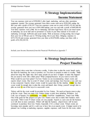 Strategic Business Proposal 24
5: Strategy Implementation:
Income Statement
Year one expenses total out to $590,006.5, after legal, marketing, and any other operations
equipment needed. The revenue generated from these events total out to $599,200, ending the
first year with a profit of $9,193. Year two expenses come out to a total of $581,191.60, and the
revenue generated from year two is $991,000 making year two end with a profit of $409,808.40.
Year three expenses were a little less in marketing and more legal heavy due to our street teams
in marketing are cut in half and we promoted 12 weeks in year three instead of 26 weeks of
marketing on Google AdWords and social media. With an increase of drug testing kits in legal
from year two at 500 per year to 750 drug testing kits in year three. Bringing expenses to
$575,756.50 and revenue generated from year three at $2,078,000, ending year three with a
profit of $1,502,243.50.
Include your Income Statement from the Financial Workbook as Appendix 7.
6: Strategy Implementation:
Project Timeline
Every project takes some time to become a reality. It takes time to plan the event, launch party,
the dates for launching the event or product, ect. You have to prepare to make it a reality. Think
about how long this might take. How many people do you have to higher to make this happen?
Do you need to work with a third party? What company/business do you want to work with.
What would be your best option? For Live Nation we are recommending virtual events and
esports virtual events. Due to covid-19 virtual events and meetings have become a very safe way
to stay connected. Esports virtual events would be a great idea for this timeline. I think less than
a year would be enough time to plan this event and launch date. Giving yourself enough time to
plan an event Is one of the keys to a successful event.
Tickets sold for the event would be provided by Live Nation. We need an Esports team to play
at the live event. There are many Live Nation venues to pick from including 40 Below, Ace
Café, Ace of Spades, Fox performing Arts center, FivePoint Amphitheatre, Punch Line Philly.
One of the goals for this project is to give Live Nation a new idea to make their business more
successful. With Covid-19 virtual events are very popular. Esports is a new area for the business
so it will draw in more customers. Which will help the business. eSport lovers will be more
convinced to purchase from Live Nation. Especially if it’s a virtual event. Virtual events are
becoming more popular and it’s a safe way to have fun at an esports event. A budget needs to be
planned out. Looking at marketing expenses, supplies expenses, staff, hosts for the event, which
 