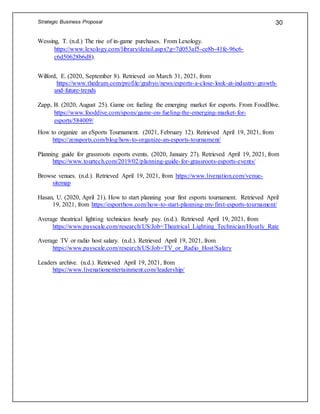 Strategic Business Proposal 30
Wessing, T. (n.d.) The rise of in-game purchases. From Lexology.
https://www.lexology.com/library/detail.aspx?g=7d053af5-ce8b-41fe-96c6-
c6d50628b6d8).
Wilford, E. (2020, September 8). Retrieved on March 31, 2021, from
https://www.thedrum.com/profile/grabyo/news/esports-a-close-look-at-industry-growth-
and-future-trends
Zapp, B. (2020, August 25). Game on: fueling the emerging market for esports. From FoodDive.
https://www.fooddive.com/spons/game-on-fueling-the-emerging-market-for-
esports/584009/
How to organize an eSports Tournament. (2021, February 12). Retrieved April 19, 2021, from
https://zensports.com/blog/how-to-organize-an-esports-tournament/
Planning guide for grassroots esports events. (2020, January 27). Retrieved April 19, 2021, from
https://www.tourtech.com/2019/02/planning-guide-for-grassroots-esports-events/
Browse venues. (n.d.). Retrieved April 19, 2021, from https://www.livenation.com/venue-
sitemap
Hasan, U. (2020, April 21). How to start planning your first esports tournament. Retrieved April
19, 2021, from https://esporthow.com/how-to-start-planning-my-first-esports-tournament/
Average theatrical lighting technician hourly pay. (n.d.). Retrieved April 19, 2021, from
https://www.payscale.com/research/US/Job=Theatrical_Lighting_Technician/Hourly_Rate
Average TV or radio host salary. (n.d.). Retrieved April 19, 2021, from
https://www.payscale.com/research/US/Job=TV_or_Radio_Host/Salary
Leaders archive. (n.d.). Retrieved April 19, 2021, from
https://www.livenationentertainment.com/leadership/
 