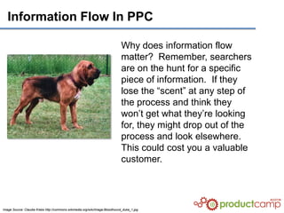 Information Flow In PPC

                                                                             Why does information flow
                                                                             matter? Remember, searchers
                                                                             are on the hunt for a specific
                                                                             piece of information. If they
                                                                             lose the “scent” at any step of
                                                                             the process and think they
                                                                             won’t get what they’re looking
                                                                             for, they might drop out of the
                                                                             process and look elsewhere.
                                                                             This could cost you a valuable
                                                                             customer.




Image Source: Claudia Krebs http://commons.wikimedia.org/wiki/Image:Bloodhound_duke_1.jpg
 