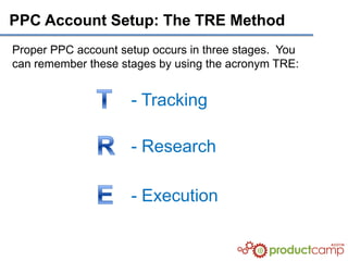 PPC Account Setup: The TRE Method
Proper PPC account setup occurs in three stages. You
can remember these stages by using the acronym TRE:


                     - Tracking

                     - Research

                     - Execution
 