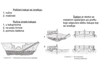 Peščani kalupi se izrađuju:
1. ručno
2. mašinski
Ručna izrada kalupa:
1. u kalupnicima
2. na podu livnice
3. pomoću šablona
Šablon je daska sa
metalnim ojačanjem po profilu
koje odgovara obliku kalupa koji
se izrađuje
 