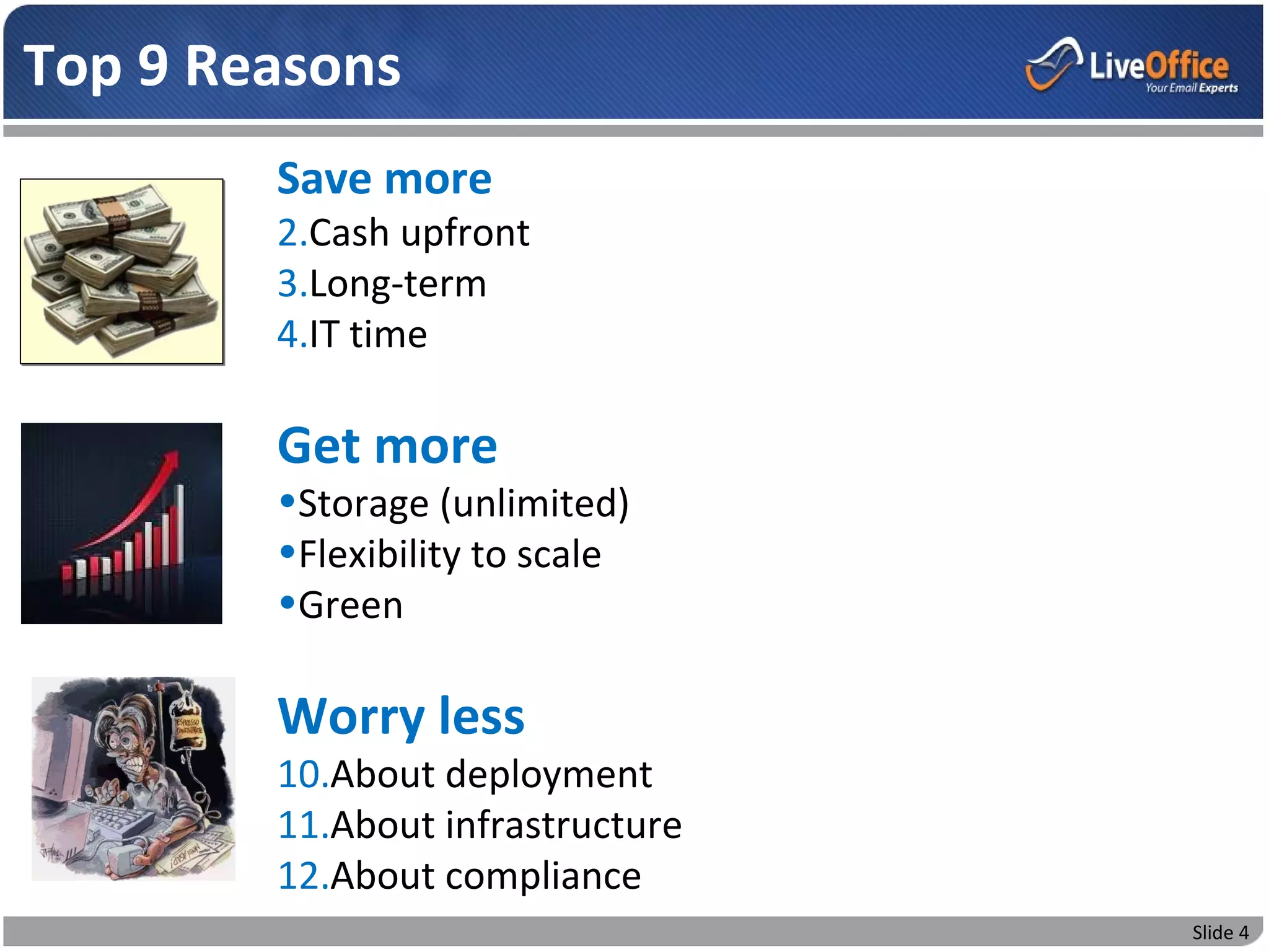 Top 9 Reasons
        Save more
        2.Cash upfront
        3.Long-term
        4.IT time

        Get more
        •Storage (unlimited)
        •Flexibility to scale
        •Green

        Worry less
        10.About deployment
        11.About infrastructure
        12.About compliance
                                  Slide 4
 