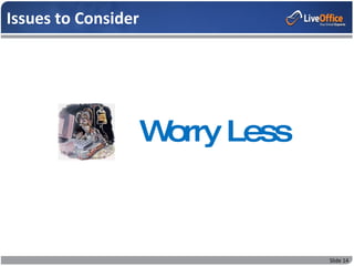 Issues to Consider




                     Worry Less



                                  Slide 14
 