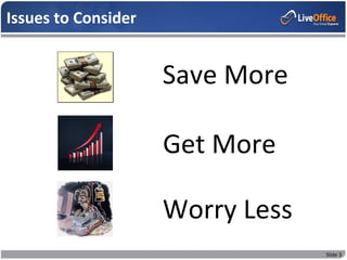 Issues to Consider


                     Save More

                     Get More

                     Worry Less
                                  Slide 3
 