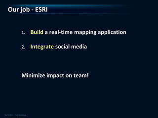 Our job - ESRI


    1.   Build a real-time mapping application

    2.   Integrate social media



    Minimize impact on team!
 