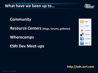 What have we been up to…


  Community

  Resource Centers (blogs, forums, galleries)

  Wherecamps

  ESRI Dev Meet-ups



                                          http://edn.esri.com
 