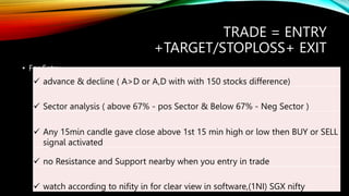 TRADE = ENTRY
+TARGET/STOPLOSS+ EXIT
• For Entry
 advance & decline ( A>D or A,D with with 150 stocks difference)
 Sector analysis ( above 67% - pos Sector & Below 67% - Neg Sector )
 Any 15min candle gave close above 1st 15 min high or low then BUY or SELL
signal activated
 no Resistance and Support nearby when you entry in trade
 watch according to nifity in for clear view in software,(1NI) SGX nifty
 