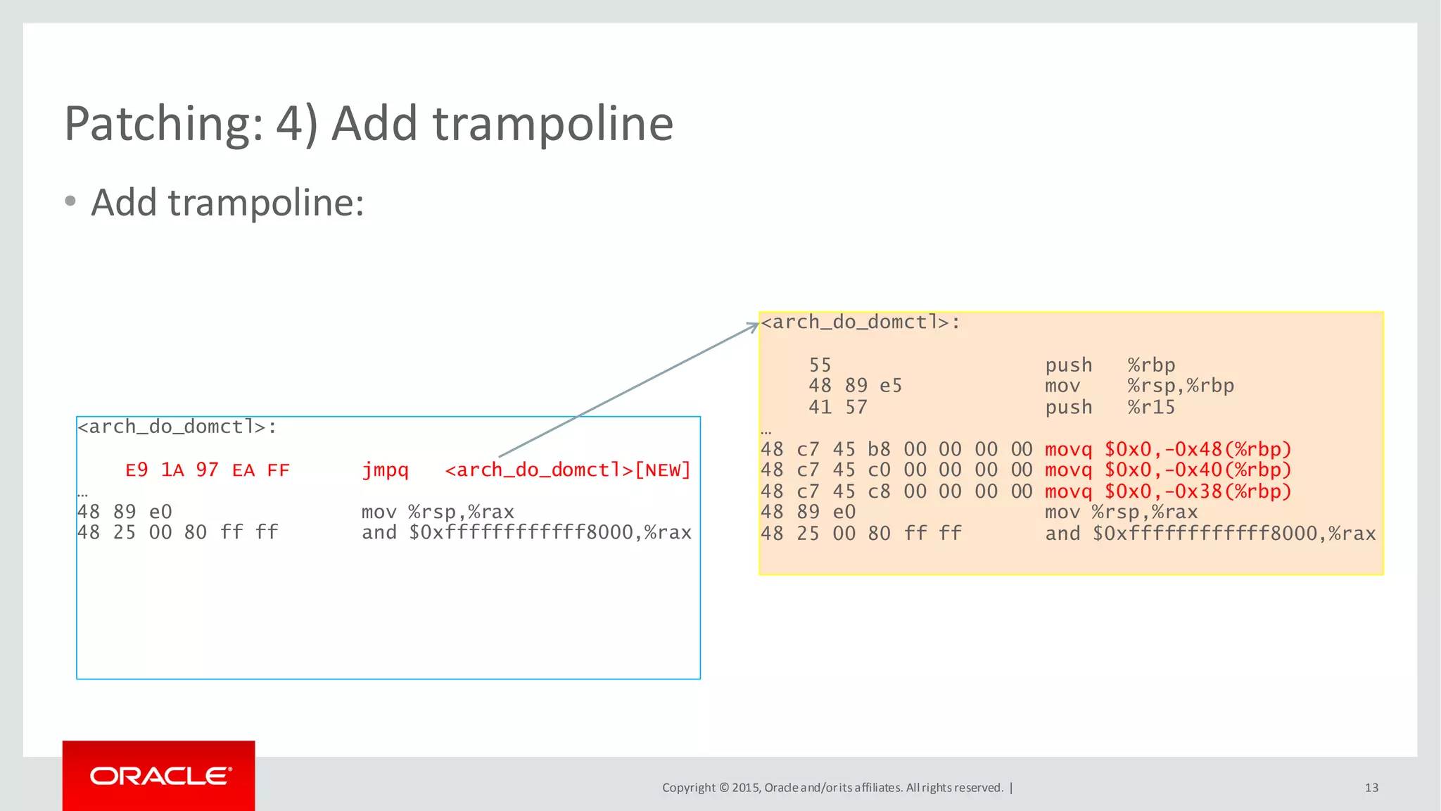 Copyright © 2015, Oracleand/orits affiliates. Allrights reserved. |
Patching: 4) Add trampoline
• Add trampoline:
13
<arch_do_domctl>:
55 push %rbp
48 89 e5 mov %rsp,%rbp
41 57 push %r15
…
48 c7 45 b8 00 00 00 00 movq $0x0,-0x48(%rbp)
48 c7 45 c0 00 00 00 00 movq $0x0,-0x40(%rbp)
48 c7 45 c8 00 00 00 00 movq $0x0,-0x38(%rbp)
48 89 e0 mov %rsp,%rax
48 25 00 80 ff ff and $0xffffffffffff8000,%rax
<arch_do_domctl>:
E9 1A 97 EA FF jmpq <arch_do_domctl>[NEW]
…
48 89 e0 mov %rsp,%rax
48 25 00 80 ff ff and $0xffffffffffff8000,%rax
 