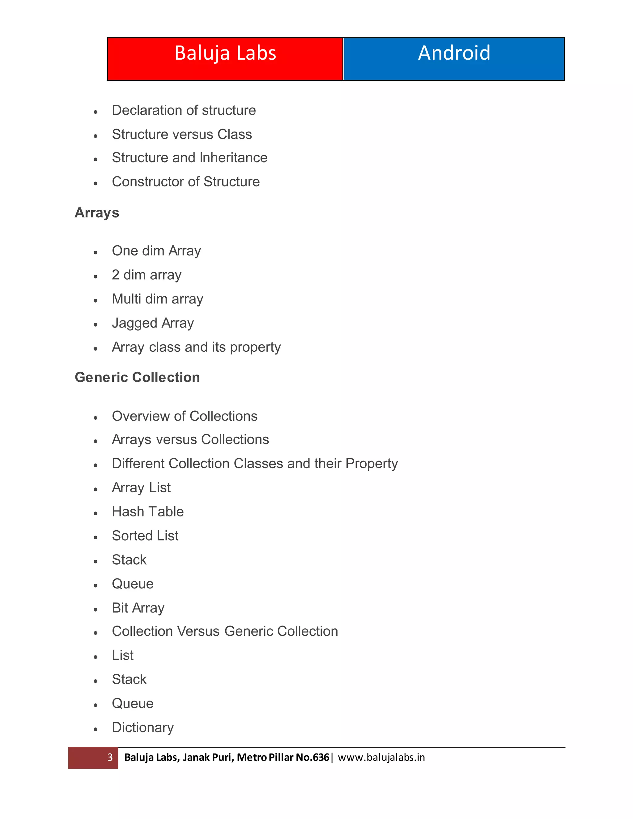 Baluja Labs Android
3 Baluja Labs, Janak Puri, MetroPillar No.636| www.balujalabs.in
 Declaration of structure
 Structure versus Class
 Structure and Inheritance
 Constructor of Structure
Arrays
 One dim Array
 2 dim array
 Multi dim array
 Jagged Array
 Array class and its property
Generic Collection
 Overview of Collections
 Arrays versus Collections
 Different Collection Classes and their Property
 Array List
 Hash Table
 Sorted List
 Stack
 Queue
 Bit Array
 Collection Versus Generic Collection
 List
 Stack
 Queue
 Dictionary
 
