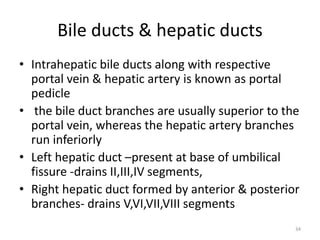 Bile ducts & hepatic ducts
• Intrahepatic bile ducts along with respective
portal vein & hepatic artery is known as portal
pedicle
• the bile duct branches are usually superior to the
portal vein, whereas the hepatic artery branches
run inferiorly
• Left hepatic duct –present at base of umbilical
fissure -drains II,III,IV segments,
• Right hepatic duct formed by anterior & posterior
branches- drains V,VI,VII,VIII segments
34
 