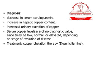  Diagnosis:
• decrease in serum ceruloplasmin.
• increase in hepatic copper content.
• increased urinary excretion of copper.
• Serum copper levels are of no diagnostic value,
since tmay be low, normal, or elevated, depending
on stage of evolution of disease.
 Treatment: copper chelation therapy (D-penicillamine).
 