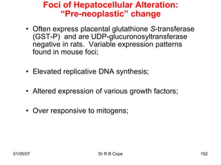 Foci of Hepatocellular Alteration:
               “Pre-neoplastic” change
      • Often express placental glutathione S-transferase
        (GST-P) and are UDP-glucuronosyltransferase
        negative in rats. Variable expression patterns
        found in mouse foci;

      • Elevated replicative DNA synthesis;

      • Altered expression of various growth factors;

      • Over responsive to mitogens;




01/05/07                    Dr R B Cope                     152
 