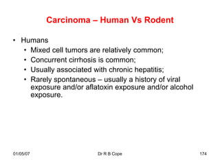 Carcinoma – Human Vs Rodent

• Humans
   • Mixed cell tumors are relatively common;
   • Concurrent cirrhosis is common;
   • Usually associated with chronic hepatitis;
   • Rarely spontaneous – usually a history of viral
     exposure and/or aflatoxin exposure and/or alcohol
     exposure.




01/05/07                 Dr R B Cope                     174
 