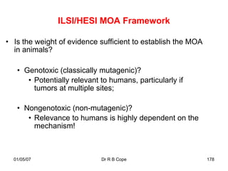 ILSI/HESI MOA Framework

• Is the weight of evidence sufficient to establish the MOA
  in animals?

   • Genotoxic (classically mutagenic)?
      • Potentially relevant to humans, particularly if
        tumors at multiple sites;

   • Nongenotoxic (non-mutagenic)?
      • Relevance to humans is highly dependent on the
        mechanism!



  01/05/07                   Dr R B Cope                      178
 