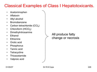 Classical Examples of Class I Hepatotoxicants.
 •   Acetominophen
 •   Aflatoxin
 •   Allyl alcohol
 •   Bromobenzene
 •   Carbon tetrachloride (CCl4)
 •   Chloroform (HCCl3)
 •   Dimethylnitrosamine
 •   Ethanol                                All produce fatty
 •   Ethionine                              change or necrosis
 •   Orotic acid
 •   Phosphorus
 •   Tannic acid
 •   Tetracycline
 •   Thioacetamide
 •   Valproic acid


01/05/07                           Dr R B Cope                   226
 