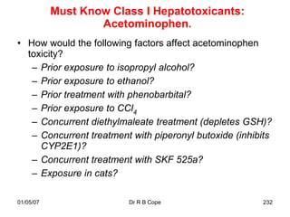 Must Know Class I Hepatotoxicants:
                   Acetominophen.
• How would the following factors affect acetominophen
  toxicity?
   – Prior exposure to isopropyl alcohol?
   – Prior exposure to ethanol?
   – Prior treatment with phenobarbital?
   – Prior exposure to CCl4
   – Concurrent diethylmaleate treatment (depletes GSH)?
   – Concurrent treatment with piperonyl butoxide (inhibits
     CYP2E1)?
   – Concurrent treatment with SKF 525a?
   – Exposure in cats?

01/05/07                 Dr R B Cope                    232
 
