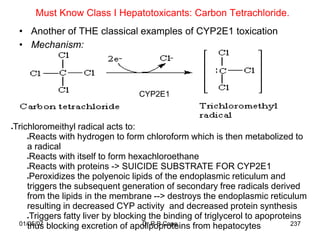 Must Know Class I Hepatotoxicants: Carbon Tetrachloride.
 • Another of THE classical examples of CYP2E1 toxication
 • Mechanism:




                                 CYP2E1



Trichloromeithyl radical acts to:
     Reacts with hydrogen to form chloroform which is then metabolized to
    a radical
     Reacts with itself to form hexachloroethane
     Reacts with proteins -> SUICIDE SUBSTRATE FOR CYP2E1
     Peroxidizes the polyenoic lipids of the endoplasmic reticulum and
    triggers the subsequent generation of secondary free radicals derived
    from the lipids in the membrane --> destroys the endoplasmic reticulum
    resulting in decreased CYP activity and decreased protein synthesis
     Triggers fatty liver by blocking the binding of triglycerol to apoproteins
 01/05/07 blocking excretion of apolipoproteins from hepatocytes
    thus                            Dr R B Cope                             237
 
