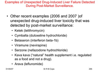 Examples of Unexpected Drug-Induced Liver Failure Detected
             During Post-Market Surveillance.


 • Other recent examples (2006 and 2007 )of
   unexpected drug-induced liver toxicity that was
   detected by post-market surveillance:
      • Ketek (telithromycin)
      • Cymbalta (duloxetine hydrochloride)
      • Betaseron (interferon beta-1b)
      • Viramune (nevirapine)
      • Serzone (nefazodone hydrochloride)
      • Kava kava (“natural” health supplement i.e. regulated
        as a food and not a drug).
      • Arava (leflunomide)
01/05/07                    Dr R B Cope                    295
 